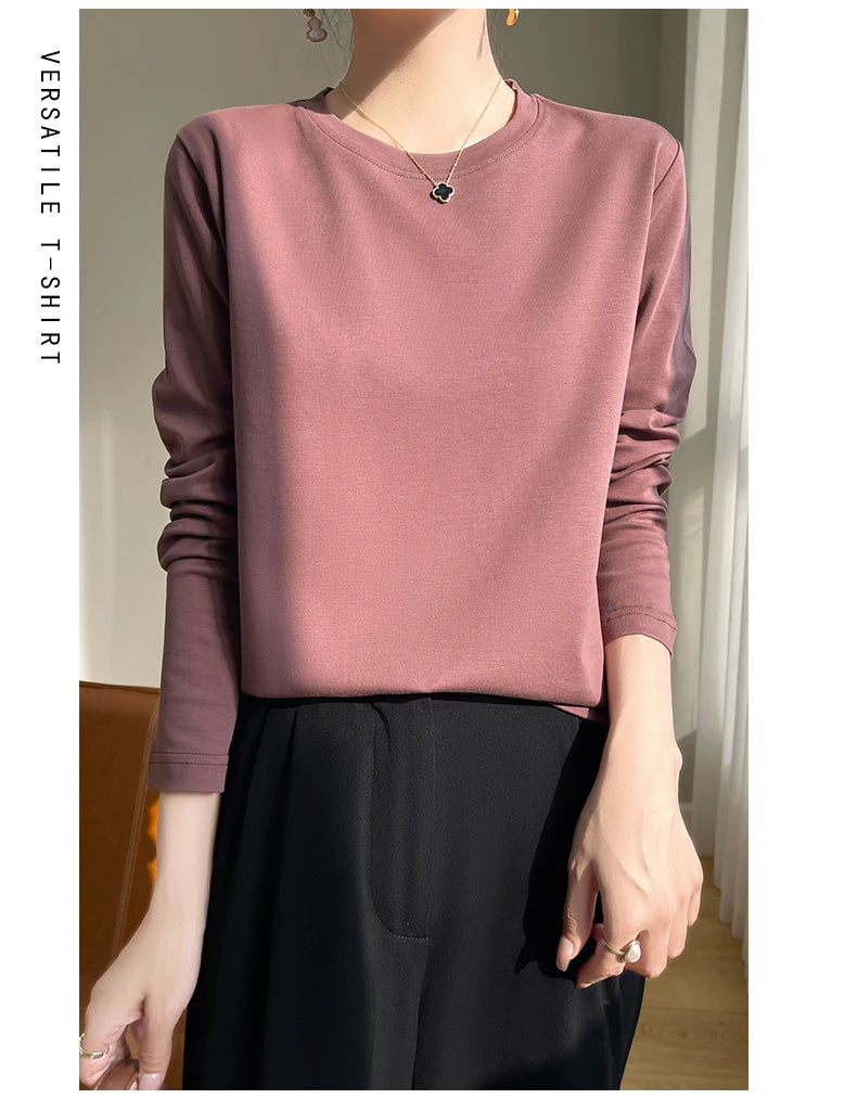 Spring Autumn 100% Cotton Long-Sleeved T-Shirt Women's Round Neck Mercerized Cotton Bottoming Shirt Loose Top