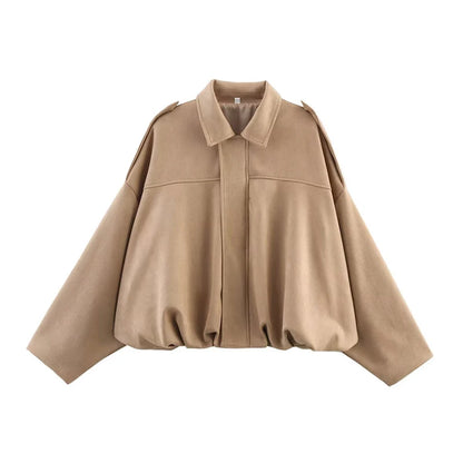 RAFZNB Women's Bomber Jackets Coats Fashion Turn-down Collar Long Sleeve Loose Coats Vintage Female Outerwear Chic Tops