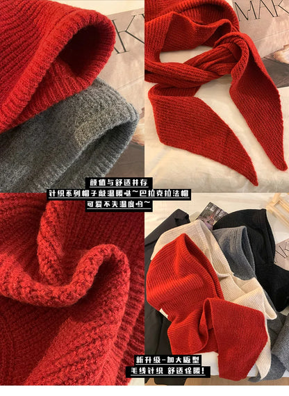 Korean Balaclava Bonnet Women Skullies Beanies Hat Scarf One-piece Thickened Warm Neck Protection Winter Accessories Knitted Law