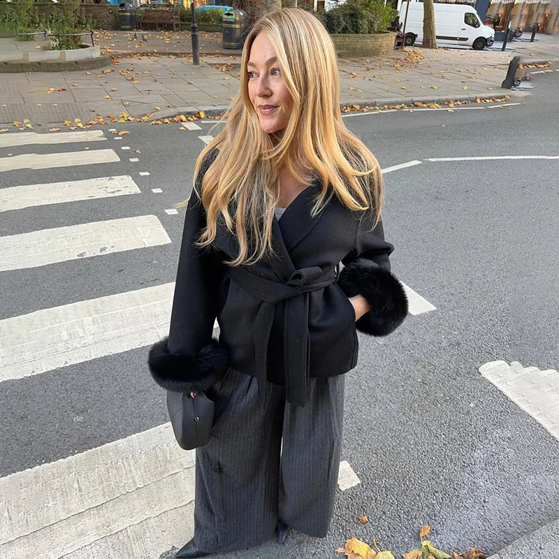 TARUXY Fox Fur Woolen Coats Women's Short Coat Office Lady Removable Elegant Double-sided Wool Overcoat 2025 New Cardigan Jacket