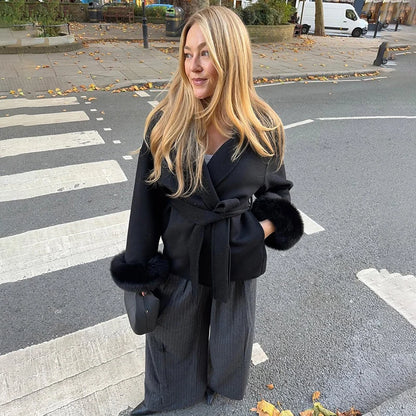 TARUXY Fox Fur Woolen Coats Women's Short Coat Office Lady Removable Elegant Double-sided Wool Overcoat 2025 New Cardigan Jacket