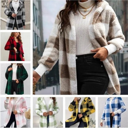 Women Autumn Winter Double Fleece Plaid Cardigan Soft Loose Long Sleeve Plush Warm Hooded Jacket Female Patchwork Outerwear Coat