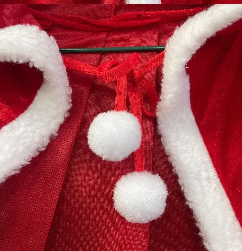 Christmas Shawl Cape Hooded Santa Claus Costume Red with Hat Cosplay Winter Warm Coat Holiday Performance Outfit Party Dress