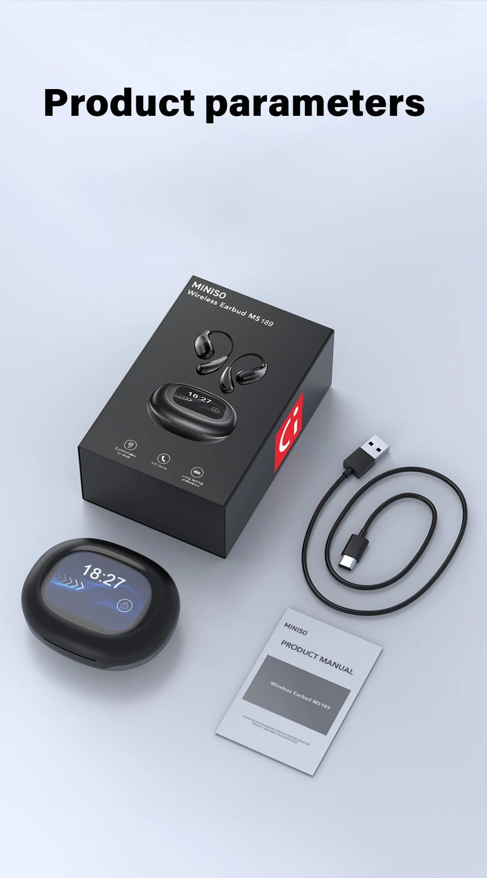 Miniso MS189 AI Translation Bluetooth Earphones Sports Wireless Headset LCD Color Touch Screen 8-Hour Battery Life Stereo Bass