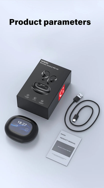 Miniso MS189 AI Translation Bluetooth Earphones Sports Wireless Headset LCD Color Touch Screen 8-Hour Battery Life Stereo Bass
