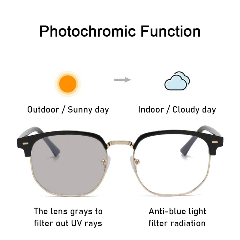 XJiea 2024 Photochromic Anti-blue Light Glasses Men Fashion Rectangle Semi Rimless Eyewear For Women Office Computer Goggle