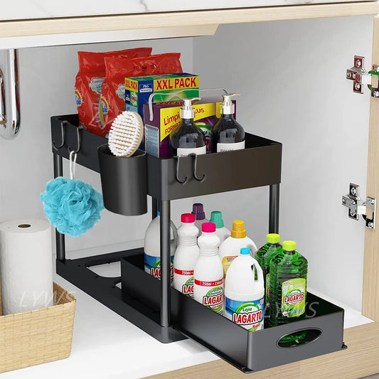 2-Tier Under Sink Organizer with Sliding Drawers & Hooks