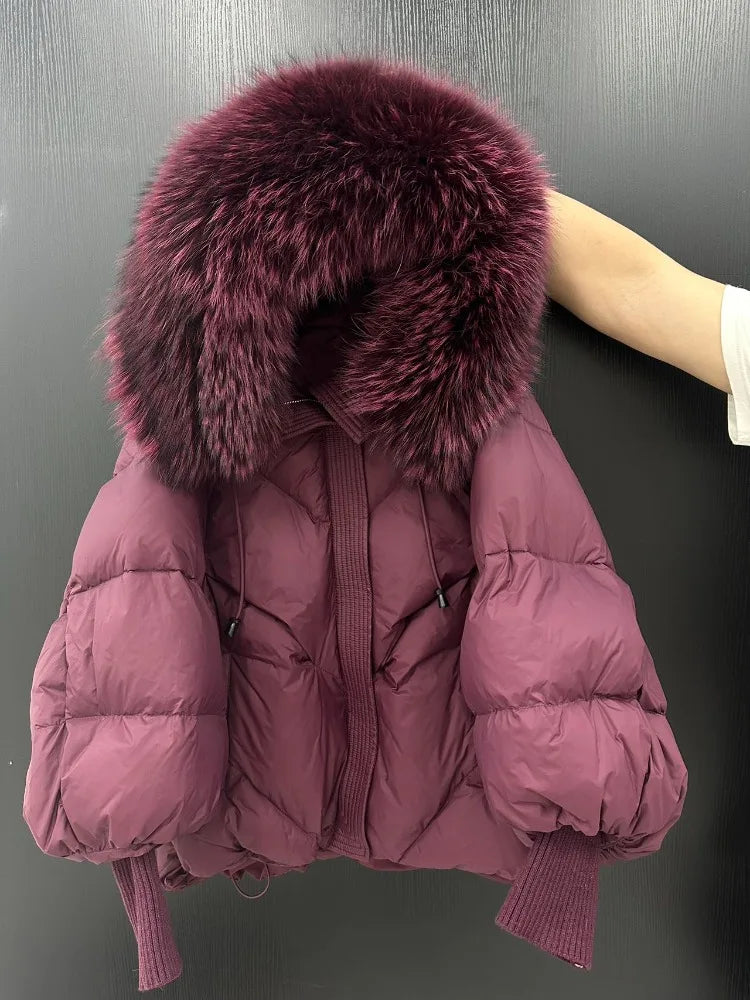 OFTBUY 2025 New Winter Large Real Fur Hooded Puffer Jacket Women Thicken Warm Knitted Sleeve Coat White Duck Down Mid Long Parka