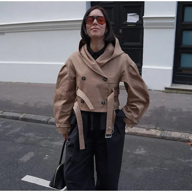 Double-Buckled Belted Hooded Trench Coat Oversized Long Sleeve Maxi 2025 Autumn Edgy Women Outerwear Fashion Trendy Lady Jacket