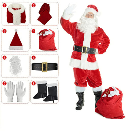 Christmas Santa Claus Costume Men's Luxurious Long Plush Gold Velvet Set Red Gift Bag Set of 8 Pieces