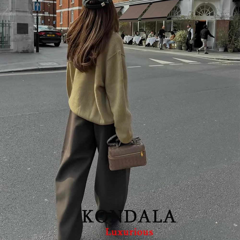 KONDALA Casual Chic Wide Leg Pants Women Office Lady Pockets Pleated Long Trousers Fashion 2026 Spring Summer Streetwear Pants
