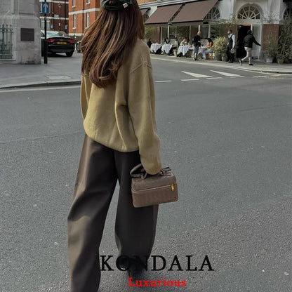 KONDALA Casual Chic Wide Leg Pants Women Office Lady Pockets Pleated Long Trousers Fashion 2026 Spring Summer Streetwear Pants