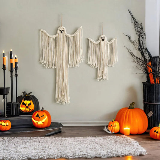Halloween Ghost Wall Hanging Decor, Macrame Fringe Spooky Ghost Ornaments, for Home, Living Room, Fireplace, Haunted House Decor