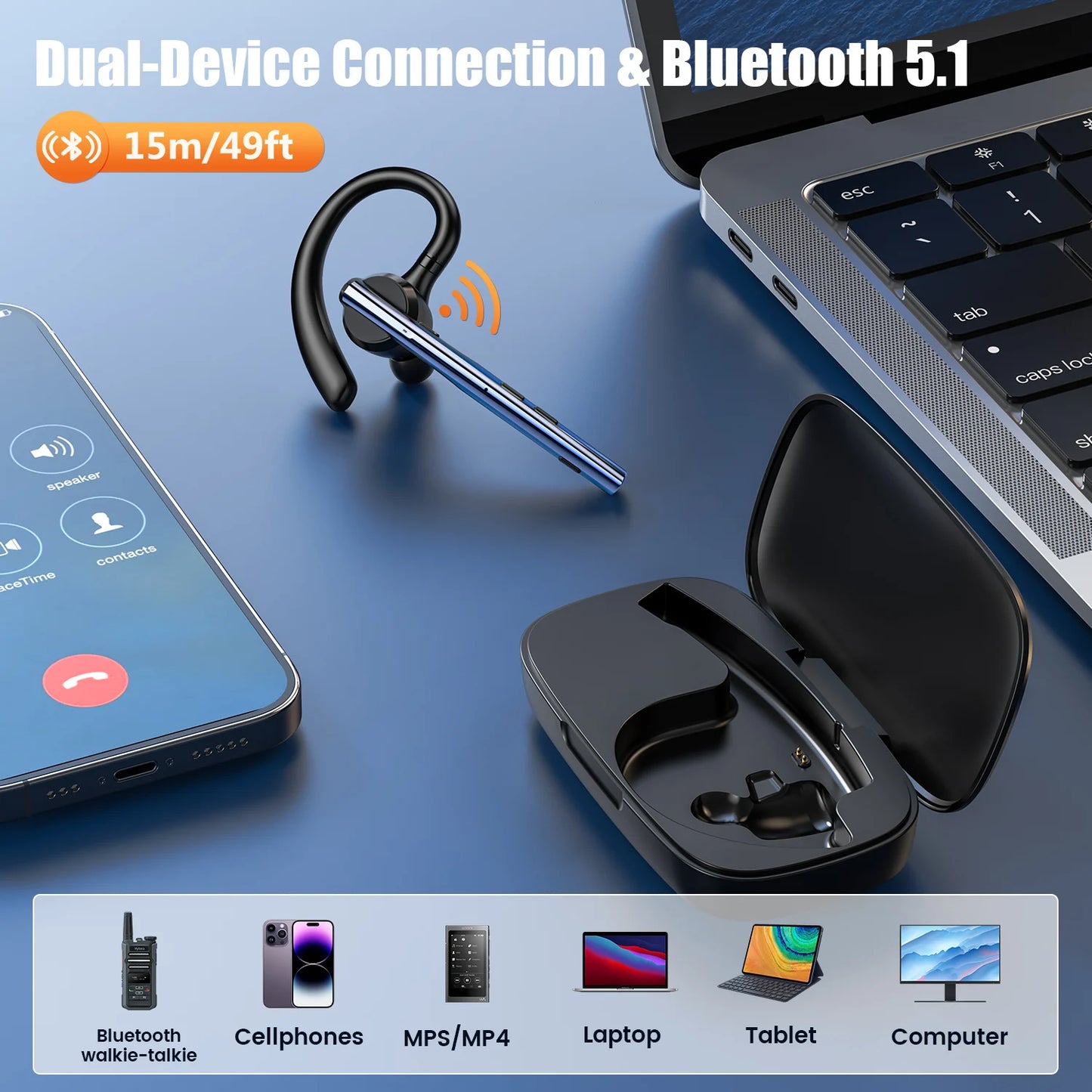 New Bee M54 Bluetooth Headset Wireless Headphone Noise Cancelling Earpiece Dual-Mic Mute Handsfree Earphones for Driver Office