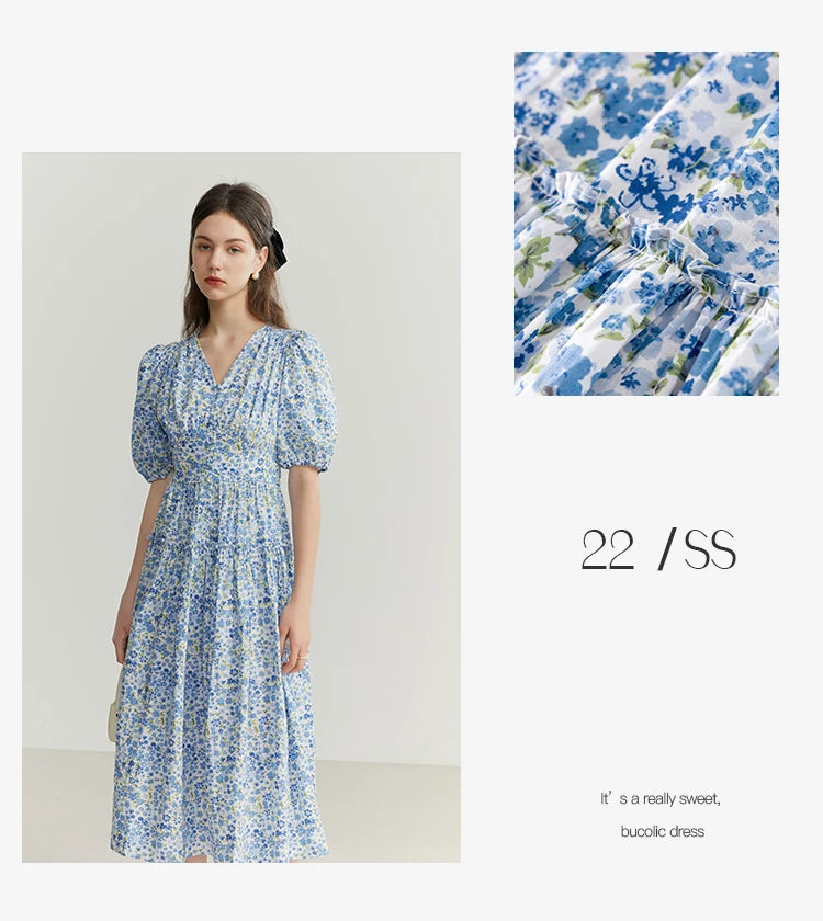 FSLE Blue Romantic Floral Dress Women Elegant Vintage High Waist V-neck Puff Sleeve Summer Printing Female Cotton Long Skirts