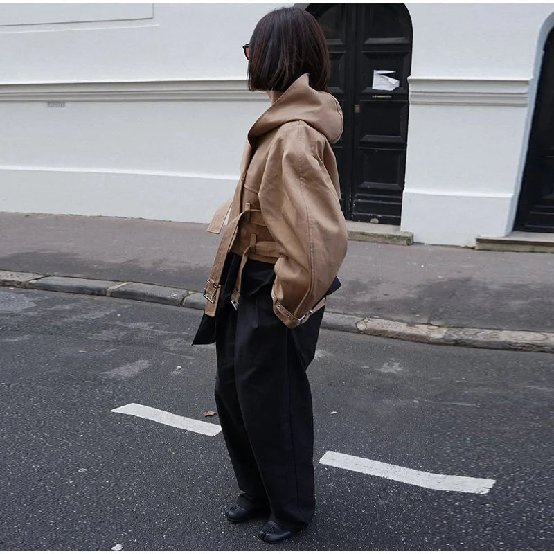 Double-Buckled Belted Hooded Trench Coat Oversized Long Sleeve Maxi 2025 Autumn Edgy Women Outerwear Fashion Trendy Lady Jacket