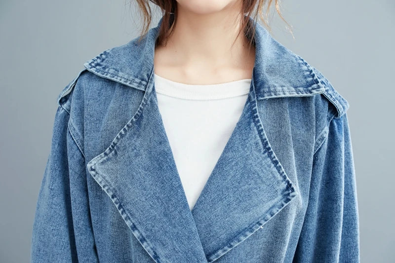2025 Women's Denim Trench Coat Autumn Double Breasted Belted Casual Jean Overcoat Loose Long Windbreaker Jacket Couple Models