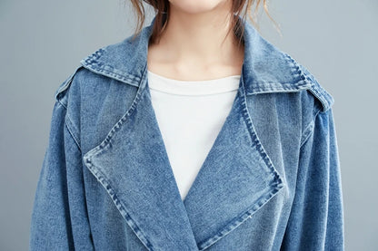 2025 Women's Denim Trench Coat Autumn Double Breasted Belted Casual Jean Overcoat Loose Long Windbreaker Jacket Couple Models