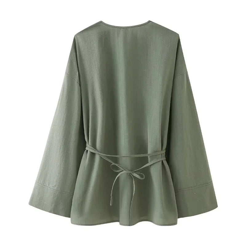 MUJER Kimono Woman Summer Long Sleeve Blouses For Women 2025 Vintage Y2k Top With Ties Loose Elegant And Youth Women's Blouses