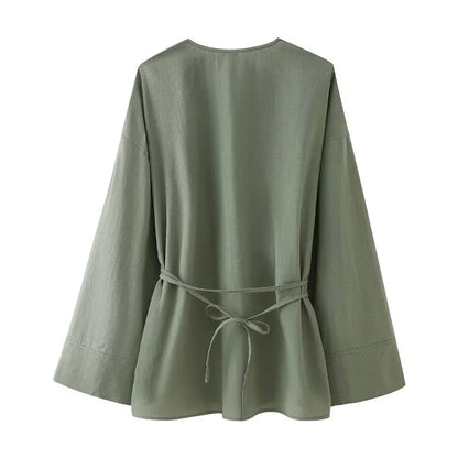 MUJER Kimono Woman Summer Long Sleeve Blouses For Women 2025 Vintage Y2k Top With Ties Loose Elegant And Youth Women's Blouses