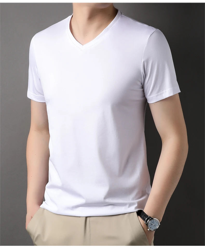 Top Grade 1.7% Mulberry Silk New Summer Brand Tops V Neck t Shirts For Men 2025 Short Sleeve Casual Fashion Mens Clothing