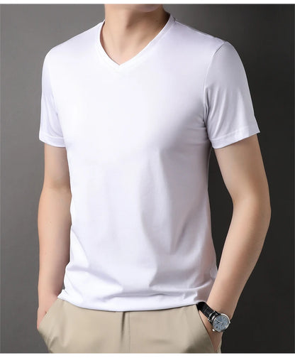 Top Grade 1.7% Mulberry Silk New Summer Brand Tops V Neck t Shirts For Men 2025 Short Sleeve Casual Fashion Mens Clothing