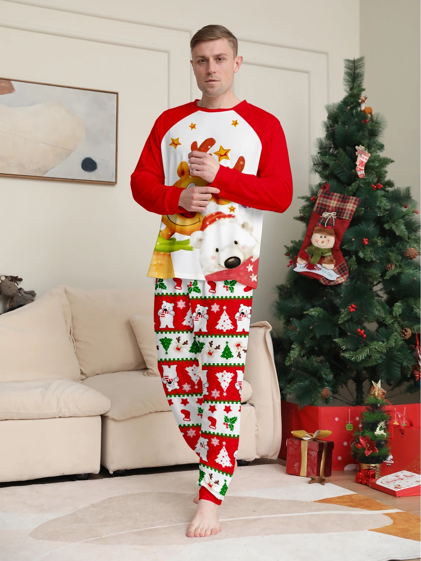 Men's Christmas Pajama Ensemble, Reindeer & Polar Bear Motif, Festive Patterned Pants