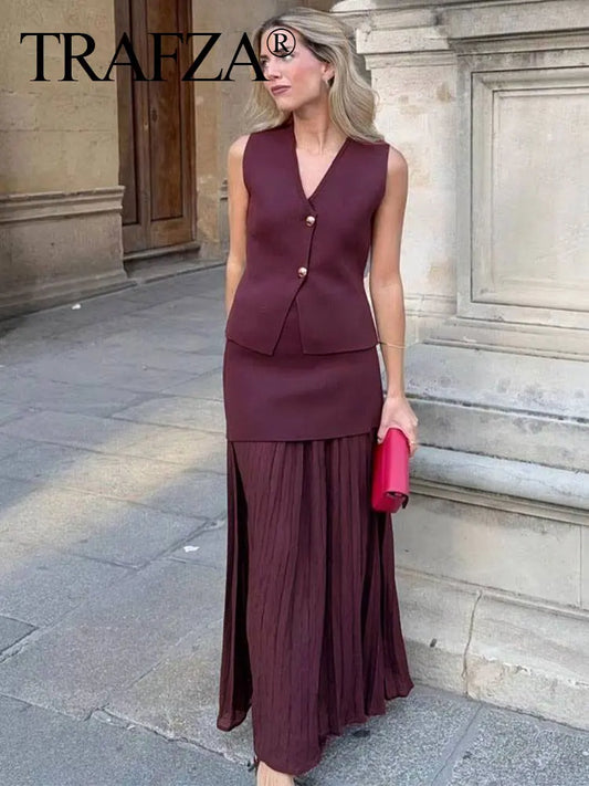 Elegant Wine Red Knitted Skirt Set for Women – V-Neck Vest & High-Waist Midi Skirt | Spring/Summer 2025