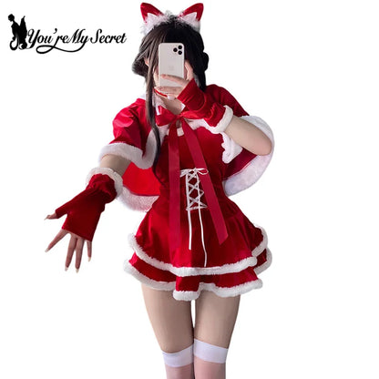 [You're My Secret] Christmas Dress Suit Women Xmas Cosplay Costume Red Suit Party Rabbit Ears Hooded Shawl Christmas Girl Set