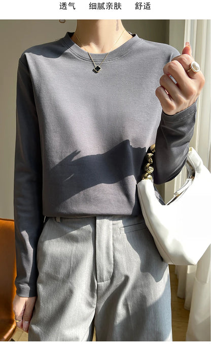 Spring Autumn 100% Cotton Long-Sleeved T-Shirt Women's Round Neck Mercerized Cotton Bottoming Shirt Loose Top