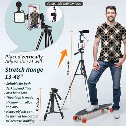 MAMEN Vlogging Kit with Tripod, LED Light & Mic – Portable 48" Setup for Phone Videos & Live Streaming