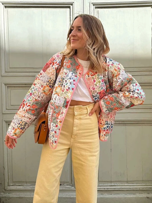 Women’s Quilted Floral Jacket – Vintage Loose Fit Winter Coat
