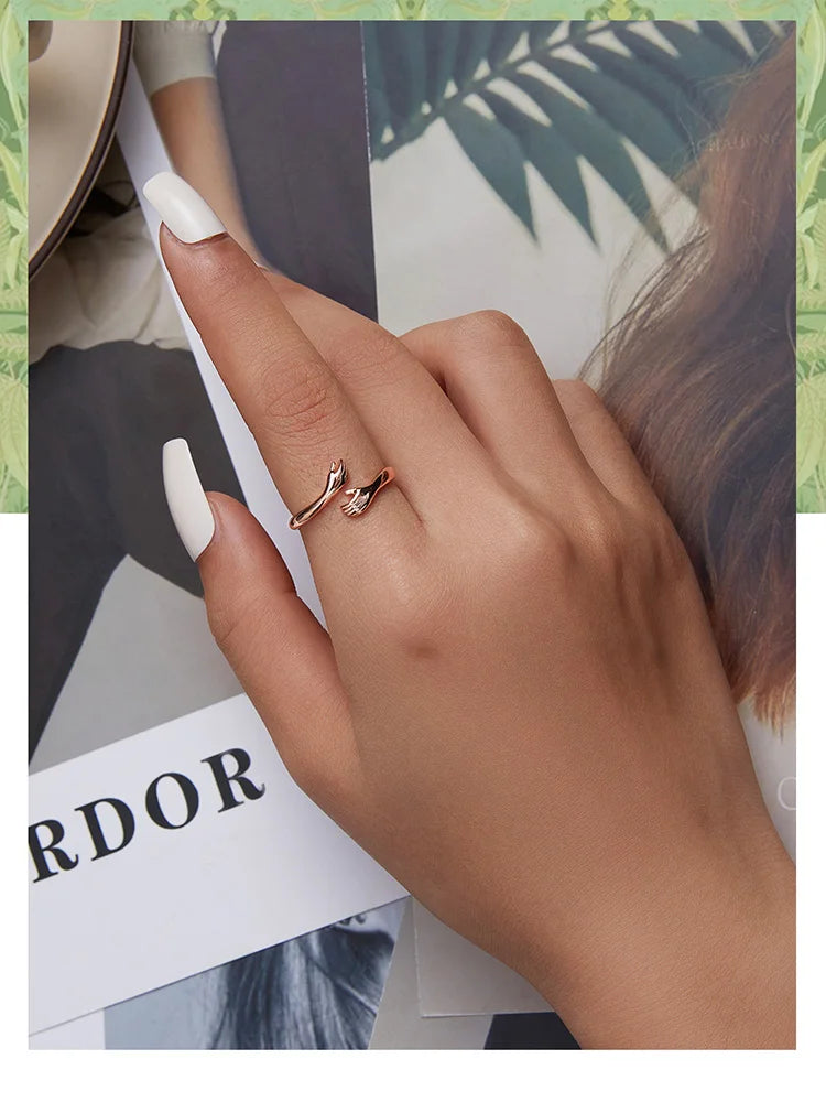 BAMOER 925 Sterling Silver Hug Open Ring Warmth and Love Hand Adjustable for Women Party Jewelry, His Big Loving Family Gift