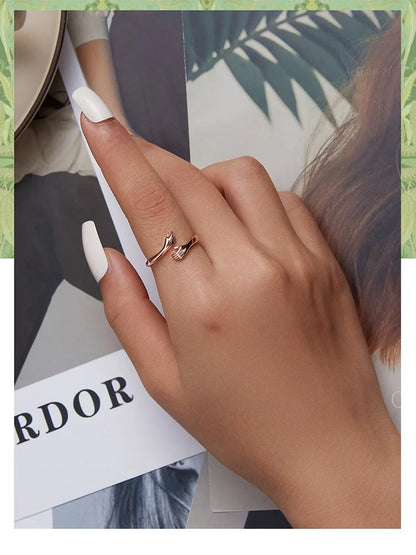 BAMOER 925 Sterling Silver Hug Open Ring Warmth and Love Hand Adjustable for Women Party Jewelry, His Big Loving Family Gift