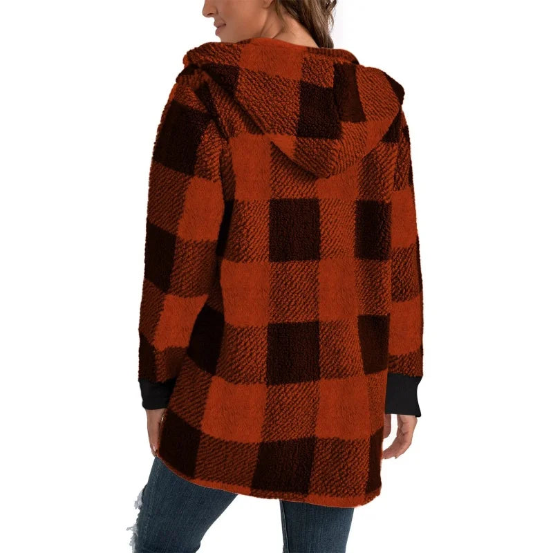 Women Autumn Winter Double Fleece Plaid Cardigan Soft Loose Long Sleeve Plush Warm Hooded Jacket Female Patchwork Outerwear Coat