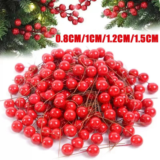1000/50x Mini Artificial Berries Red Fake Berry Cherry Stamen for Christmas DIY Floral Wreath Ornament New Year Party Home Decor