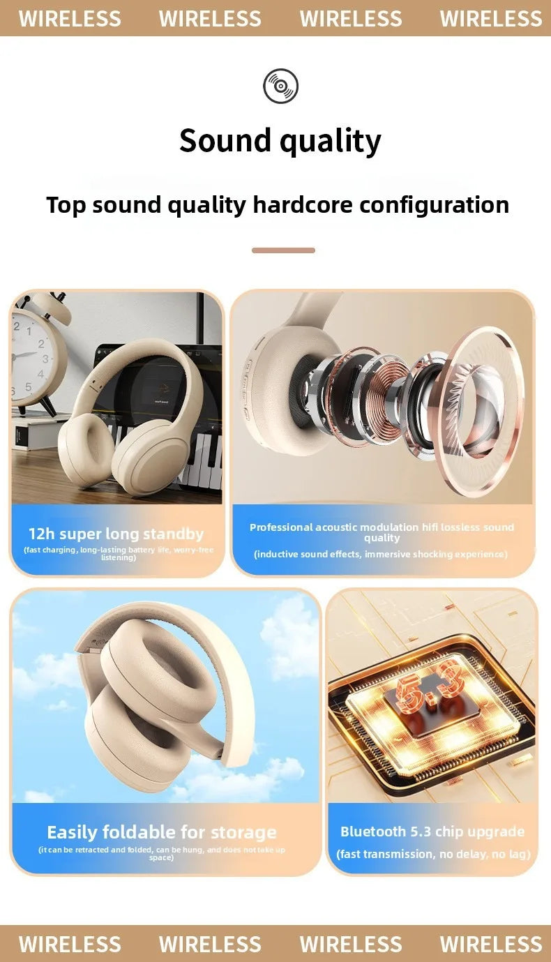 Bluetooth 5.3 Headphones 3.5mm Wired Headsets Over Ear Gaming Earphones Foldable Wireless Earphones with Mic TF/AUX Music Play