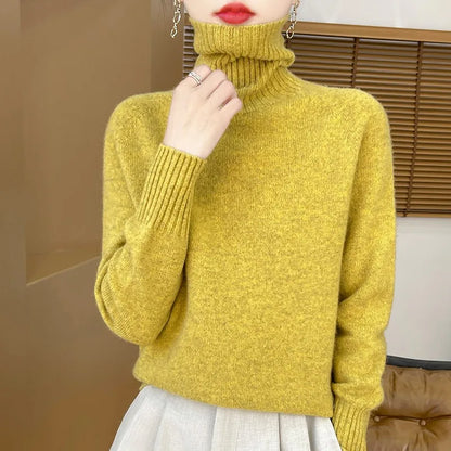 Women's Clothing New Fashion Autumn And Winter Merino Wool Pullover Solid Color Long Sleeve Basic Thermal Top 100% Wool Sweater