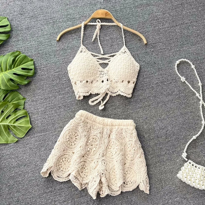 SINGREINY Knit Two Piece Sets Women Summer Vacation Backless Camisole Elastic Waist Shorts Hollow Out Y2K Beach Style Suits