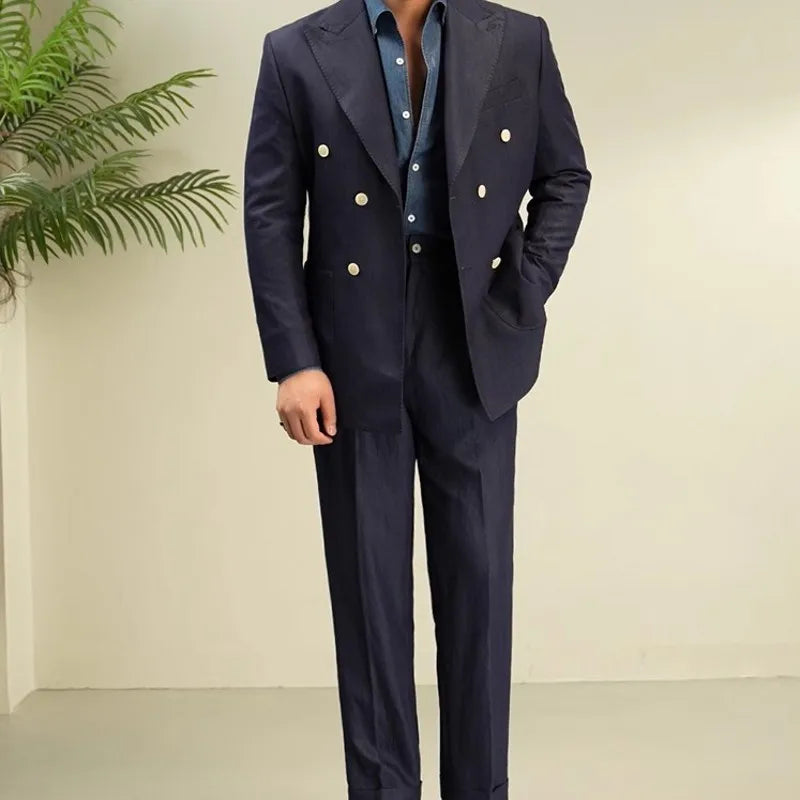 Italian Designer Mens Double Breasted Blazer Pants Two Piece Set Slim Fit Business Man Work Formal Set Groom Wedding Dress Suit