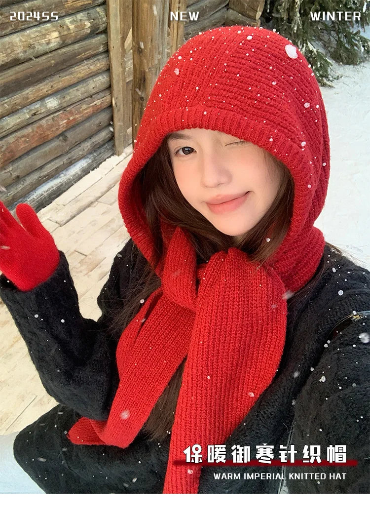Korean Balaclava Bonnet Women Skullies Beanies Hat Scarf One-piece Thickened Warm Neck Protection Winter Accessories Knitted Law