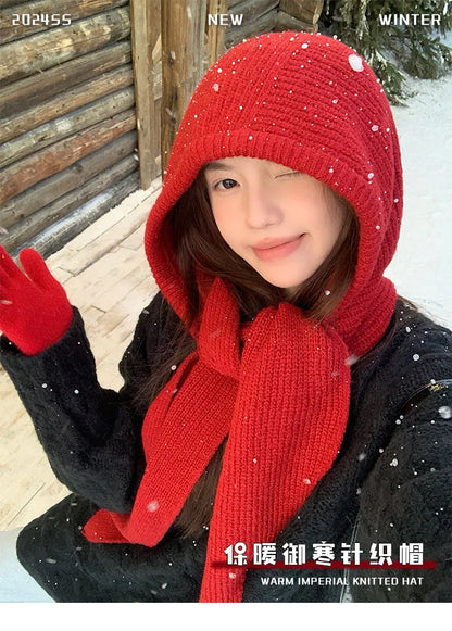 Korean Balaclava Bonnet Women Skullies Beanies Hat Scarf One-piece Thickened Warm Neck Protection Winter Accessories Knitted Law