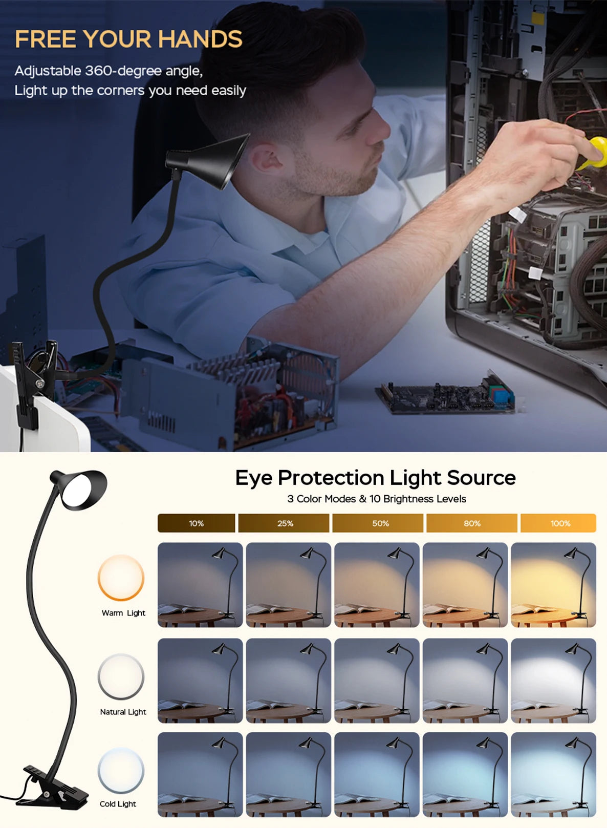 Reading Light, USB Clamp Lamp for ChildReading Book in Bed at Night, LED Small DeskLamp with Adjustable Gooseneck Clip