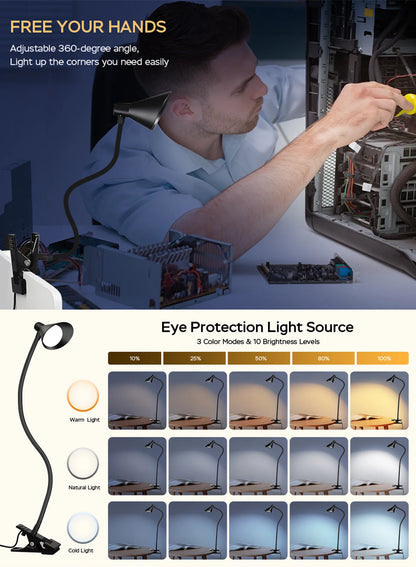 Reading Light, USB Clamp Lamp for ChildReading Book in Bed at Night, LED Small DeskLamp with Adjustable Gooseneck Clip