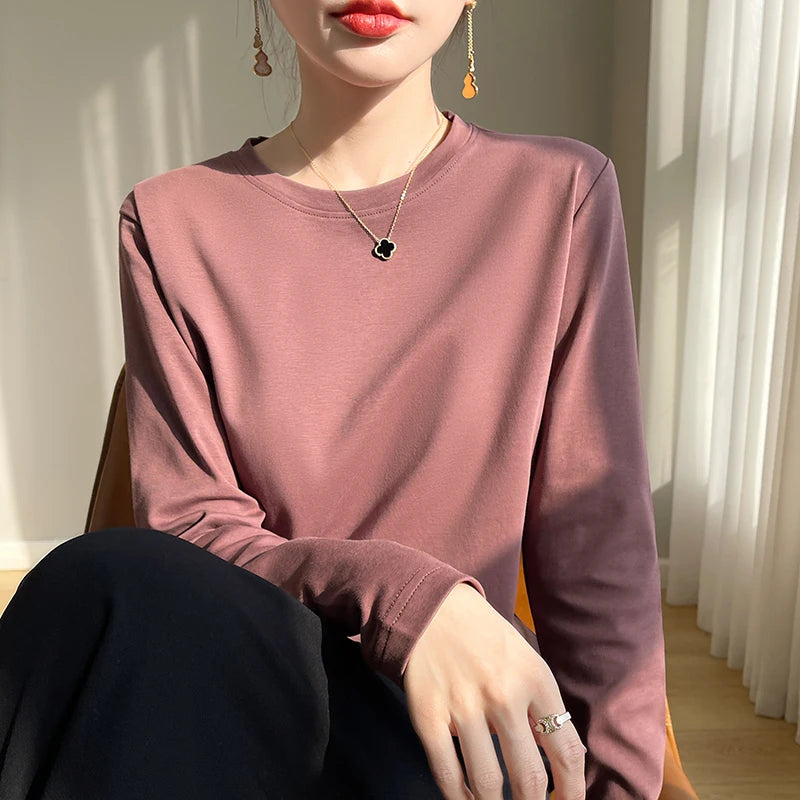 Spring Autumn 100% Cotton Long-Sleeved T-Shirt Women's Round Neck Mercerized Cotton Bottoming Shirt Loose Top