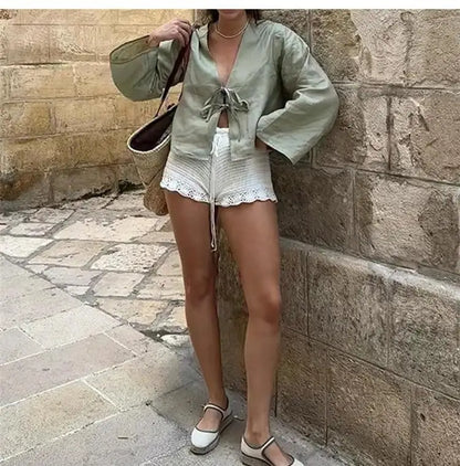 Spring 2025 V-Neck Lace-Up Linen Blouse – Casual Loose Fit