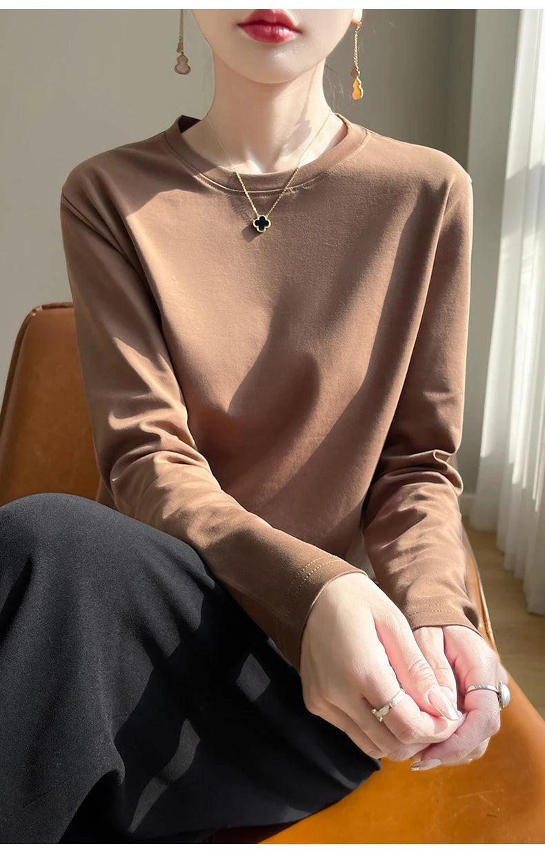 Spring Autumn 100% Cotton Long-Sleeved T-Shirt Women's Round Neck Mercerized Cotton Bottoming Shirt Loose Top