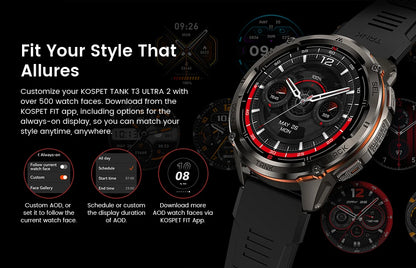 KOSPET TANK T3 Ultra 2 GPS Smart Watch For Men Smartwatch Compass Altimeter Barometric 5ATM IP69K Waterproof AMOLED Mens Watches