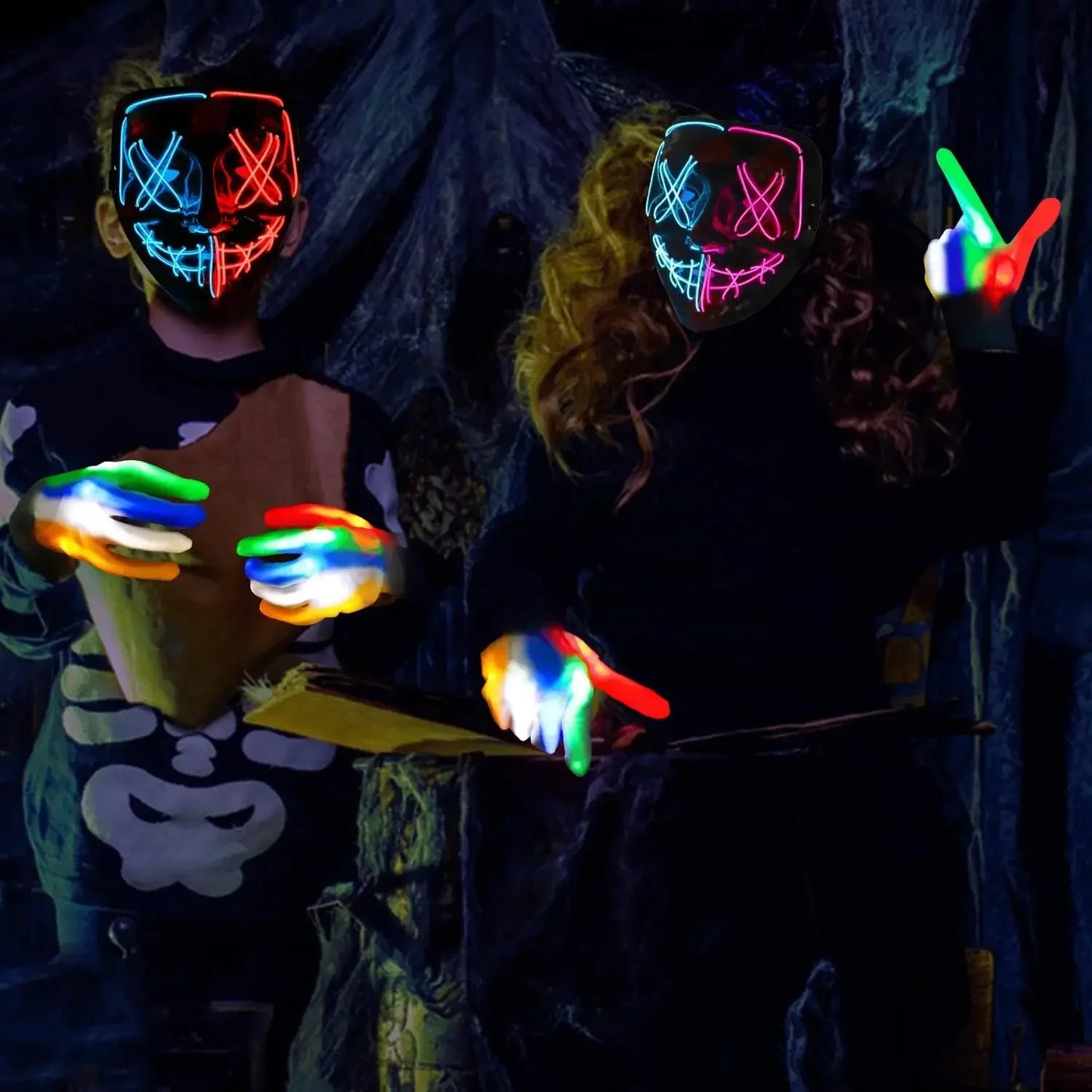 LED Halloween Mask Glow in The Dark Scary Terror Face Cover Bright Scream Light Up Costume for Men Carnival Party