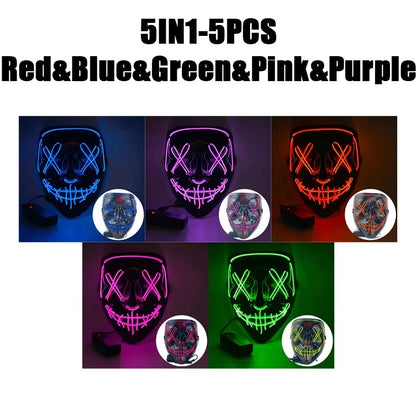 LED Halloween Mask Glow in The Dark Scary Terror Face Cover Bright Scream Light Up Costume for Men Carnival Party